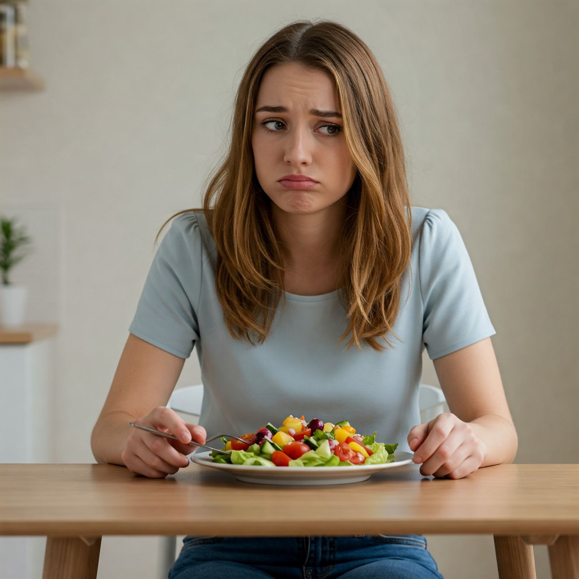 Giovane donna con espressione triste davanti a un'insalata, a simboleggiare la percezione della verdura come un obbligo.
