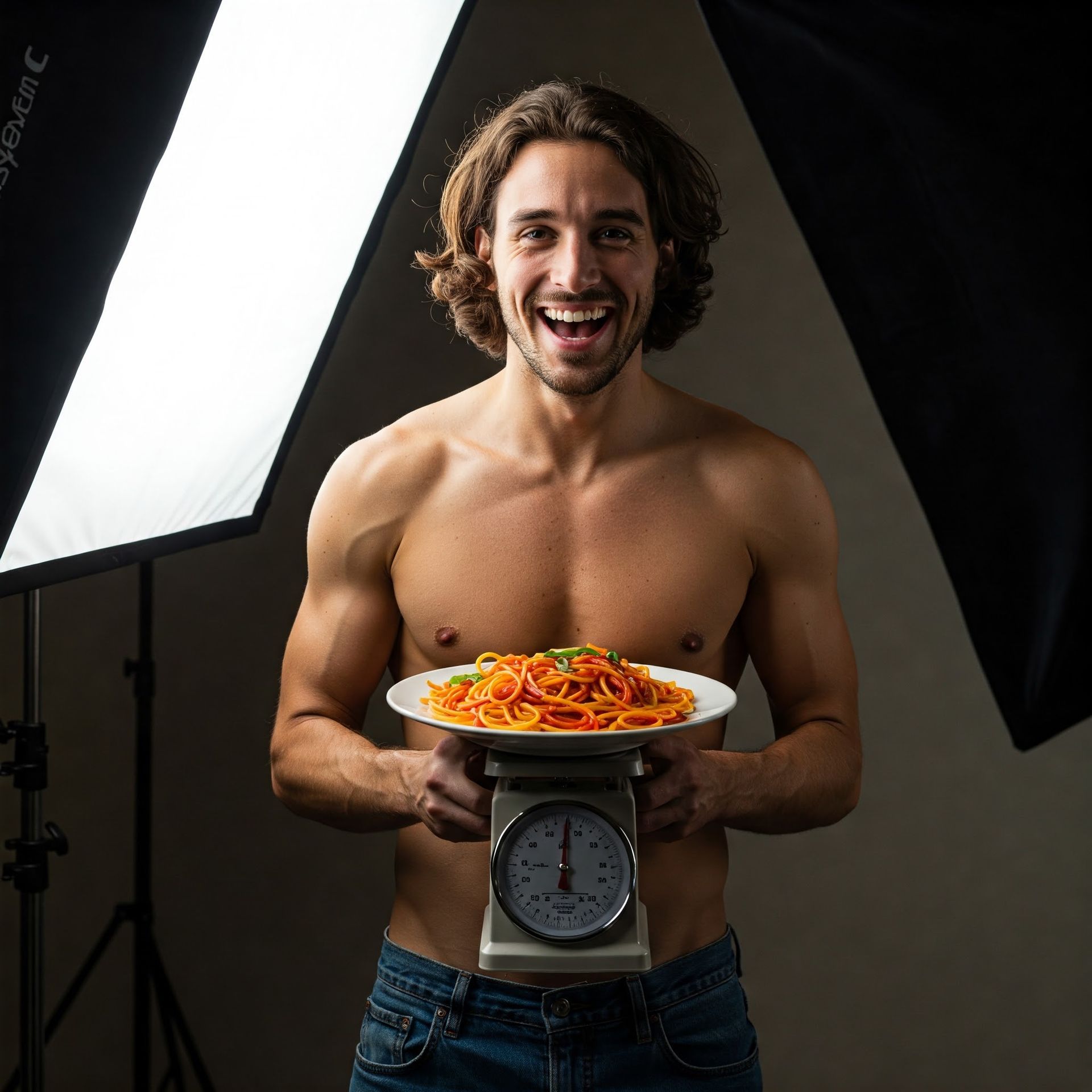 Ragazzo sorridente mostra i risultati della sua perdita di peso: un piatto di pasta su una bilancia, simbolo di una dieta efficace.