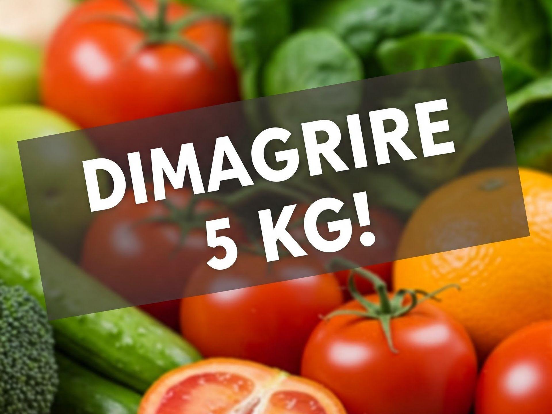 Scritta "DIMAGRIRE 5 KG" su uno sfondo colorato di frutta fresca assortita.