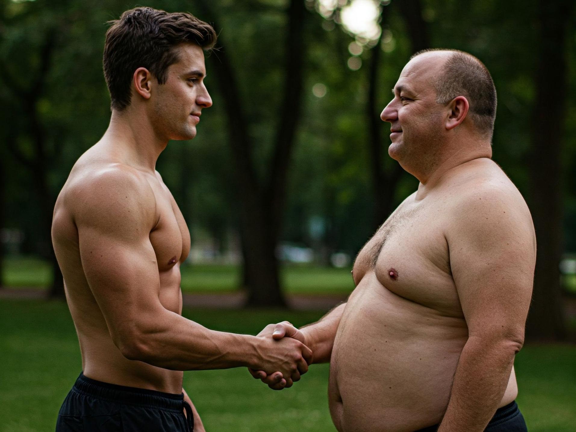 Uomo muscoloso e uomo in sovrappeso si stringono la mano al parco, simbolo di supporto e inizio di un percorso di dimagrimento.