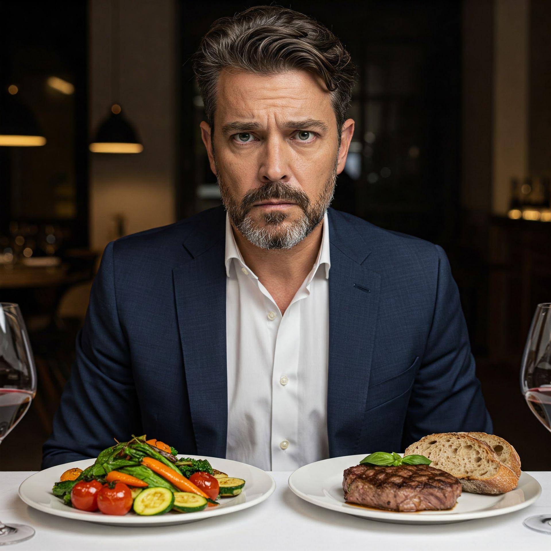 Uomo valuta se mangiare prima il piatto di verdura o quello di carne, riflettendo sull'ordine dei cibi a pasto.