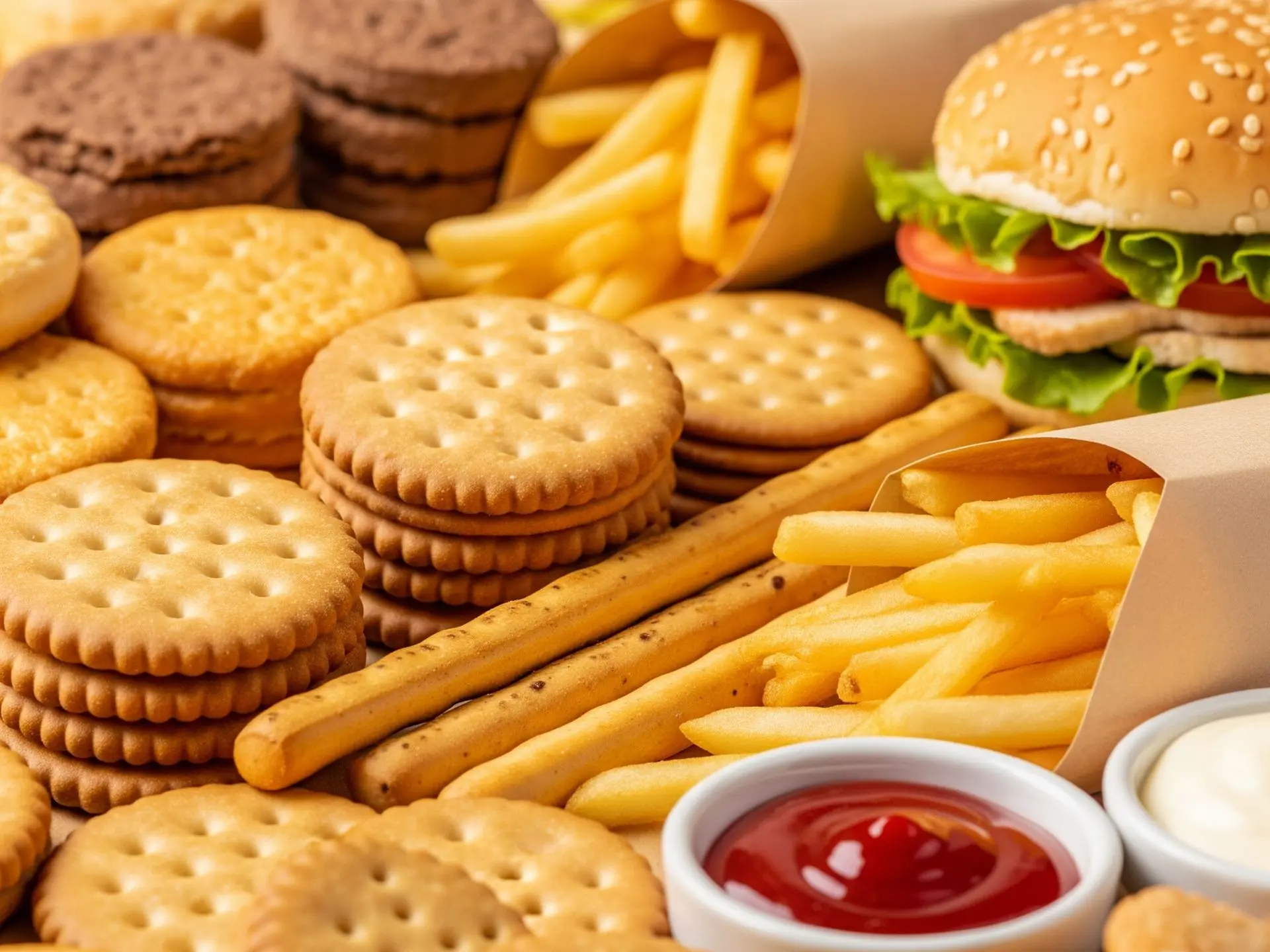 "Esempi di carboidrati raffinati e cibi trasformati: patatine, snack e panini fast food."