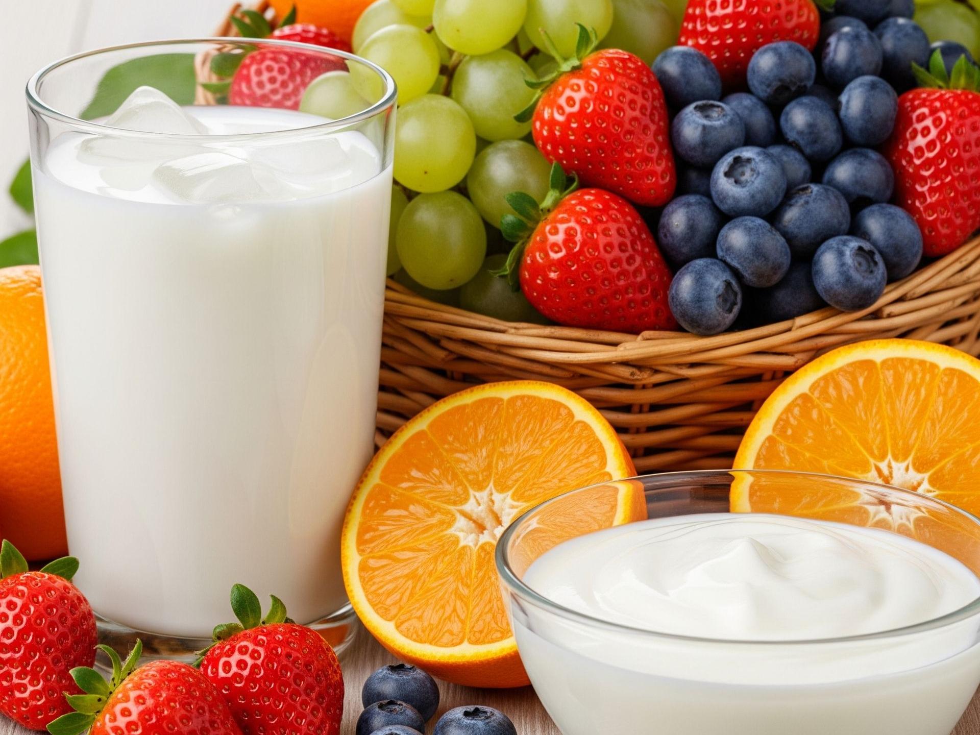 Cesto con frutta fresca mista, latte e yogurt naturale: esempi di zuccheri semplici salutari.