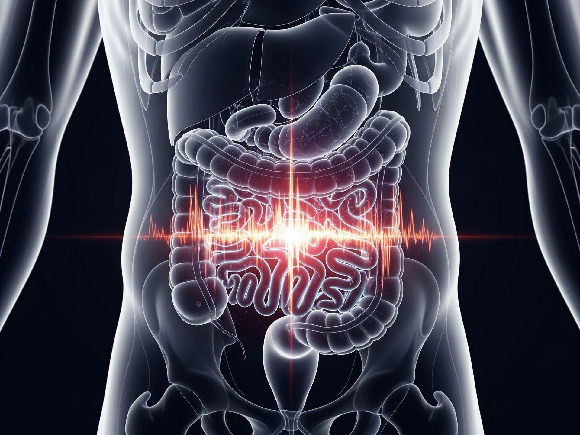 Corpo umano stilizzato con addome evidenziato e segno di infiammazione al colon da eccesso di zuccheri.