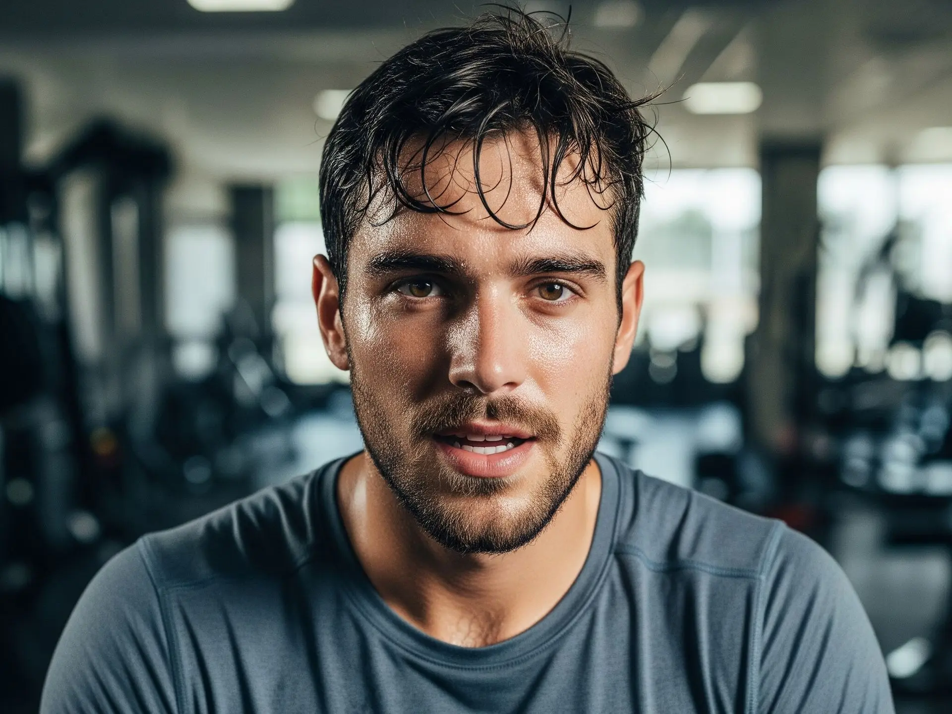 Ragazzo sportivo in palestra recupera dopo allenamento intenso per ottimizzare timing proteine.
