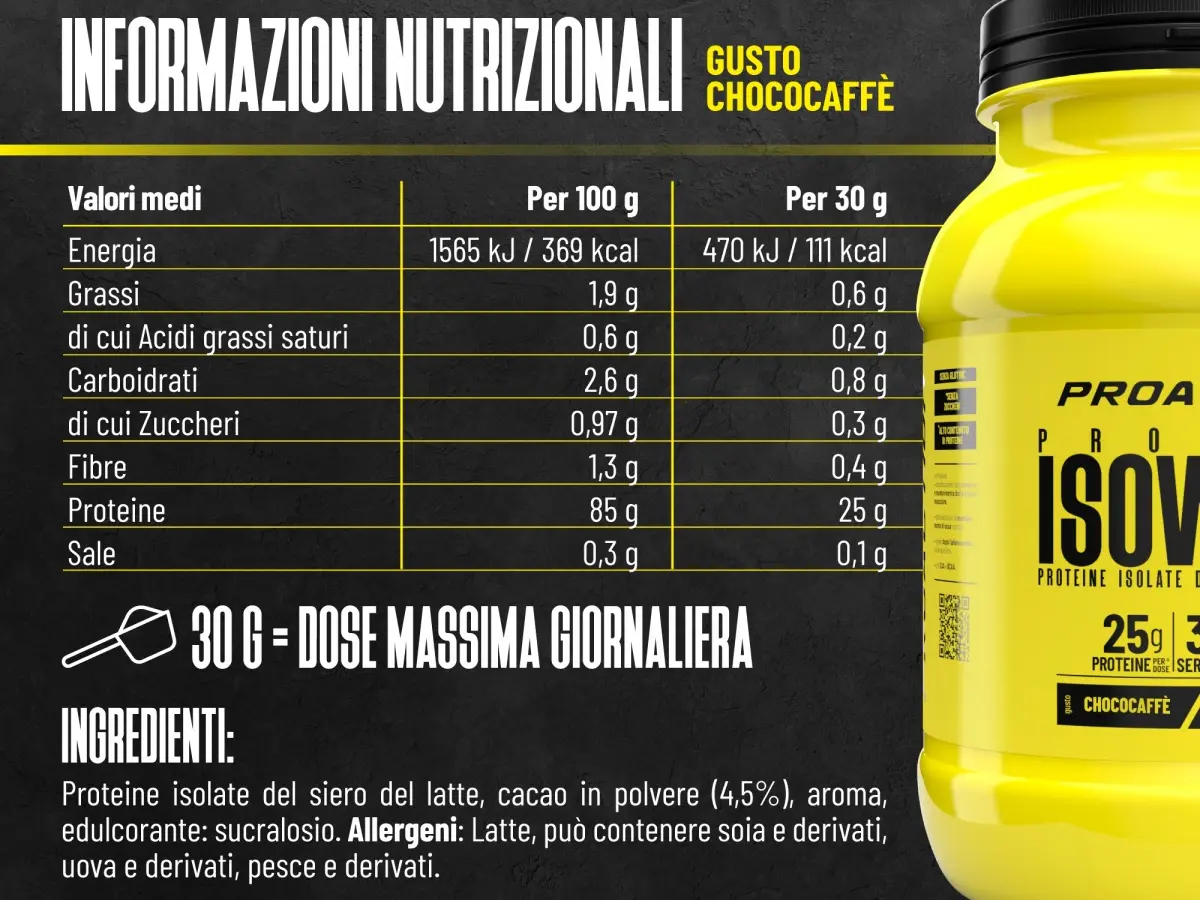 Etichetta nutrizionale proteine in polvere con focus su dosaggio grammi giornalieri.