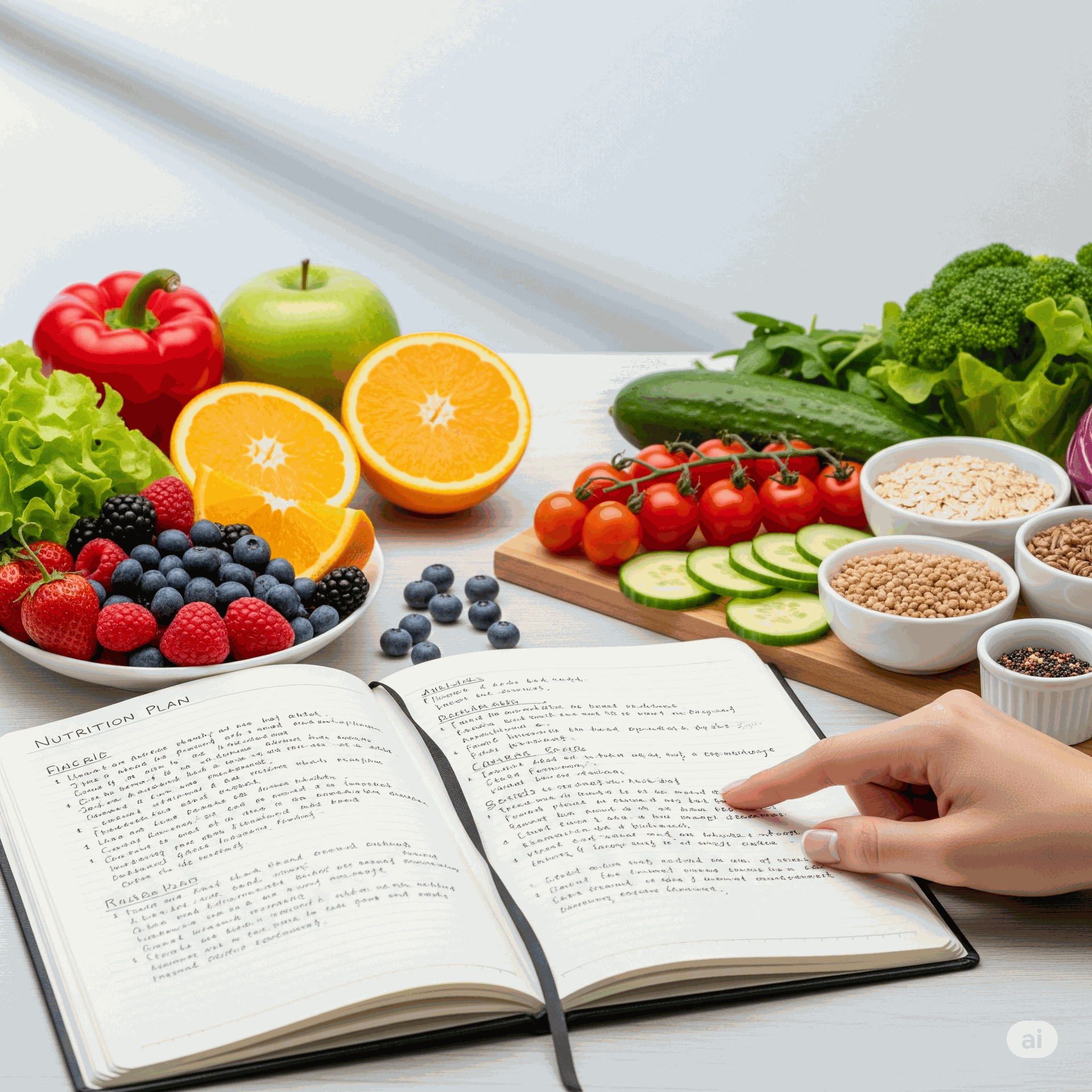 Pianificare i pasti per il digiuno intermittente con un diario alimentare e cibo sano come verdure e ortaggi.