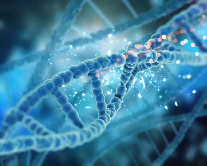 Molecola di DNA che rappresenta lo studio scientifico della nutrizione.