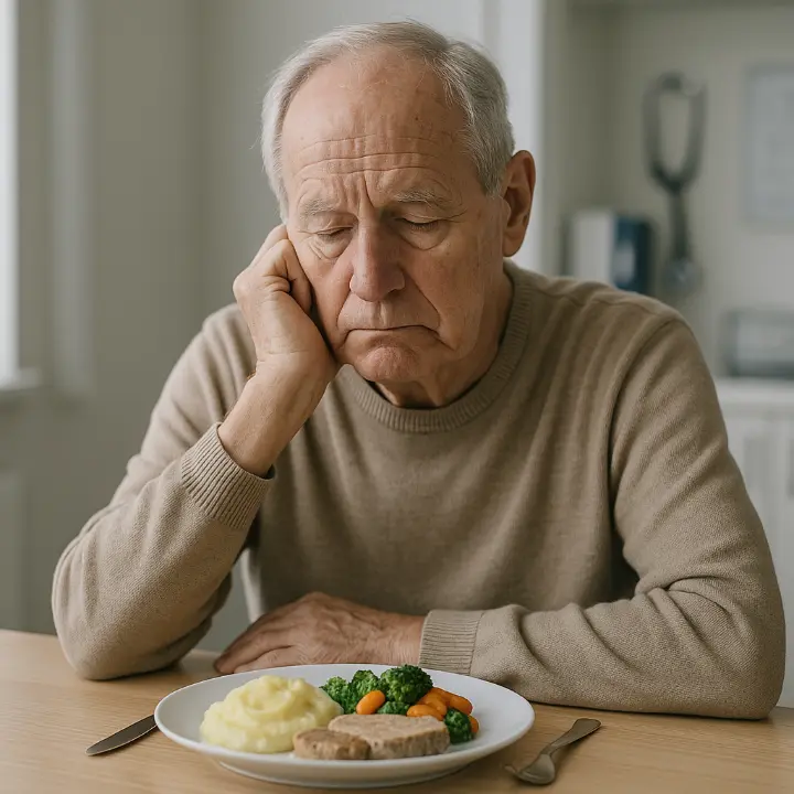Anziano dall'espressione triste di fronte a un piatto di cibo dalle diverse consistenze (verdure, purè, carne), simbolo delle sfide nella scelta e accettazione degli alimenti in caso di disfagia.