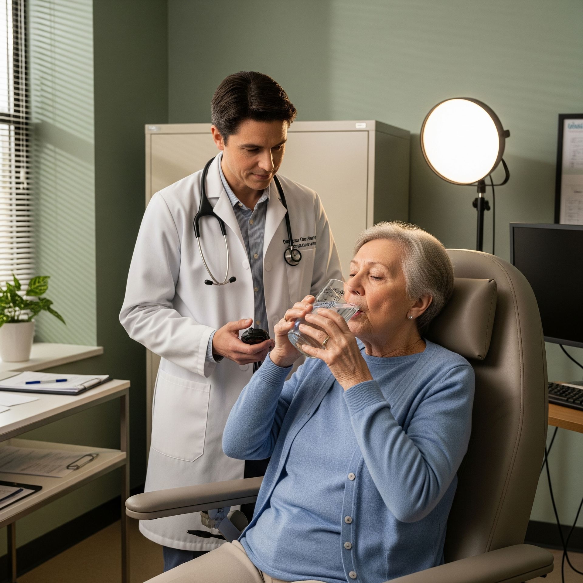 Medico somministra il test del bolo d'acqua a una paziente anziana, strumento chiave nello screening e nella diagnosi della disfagia.