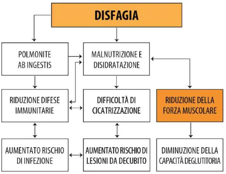 Schema illustrativo delle conseguenze a cascata e delle complicanze derivanti dalla disfagia, sottolineando l'importanza di uno screening e intervento precoce.