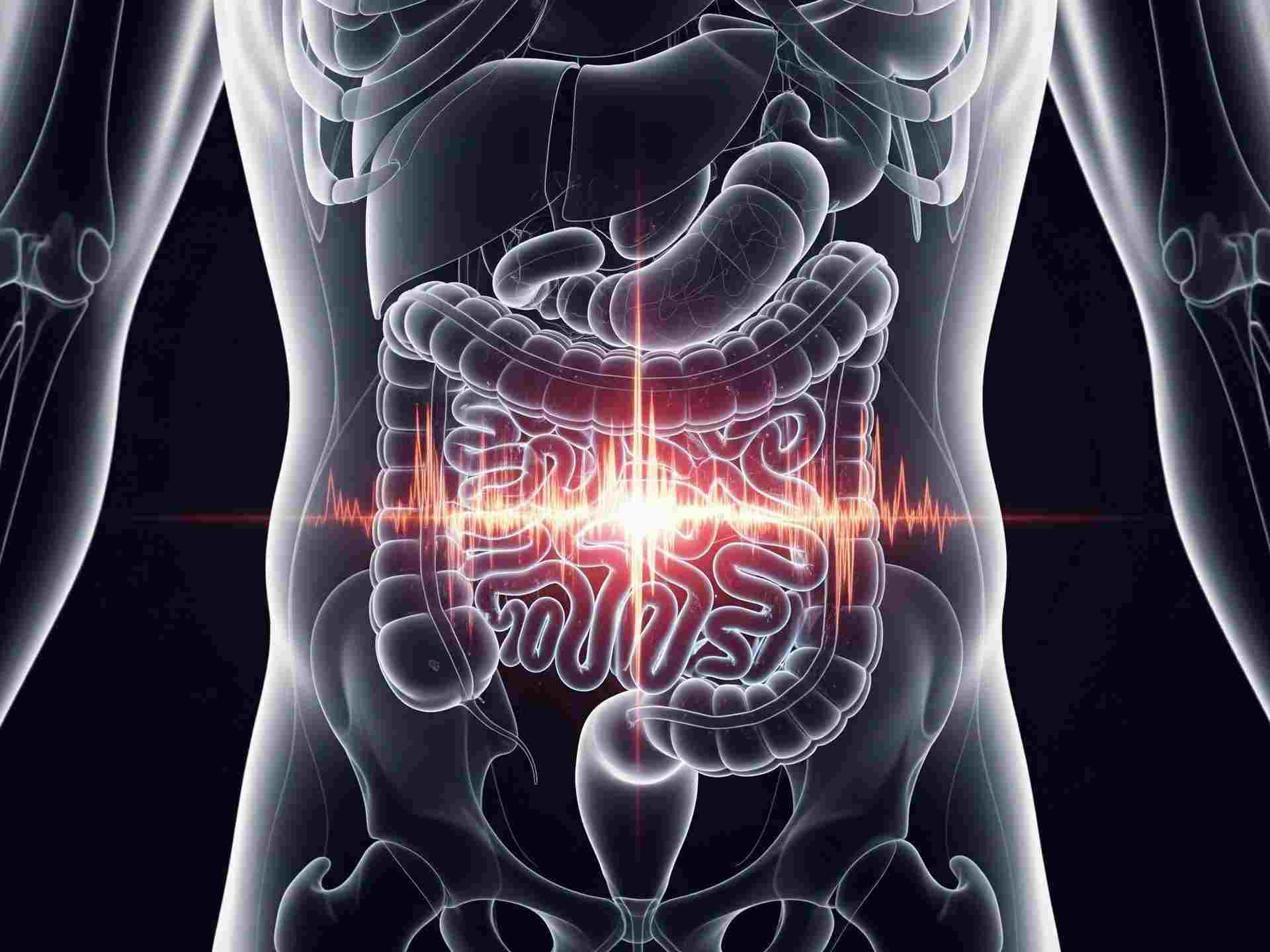 Corpo umano stilizzato con addome evidenziato e segno di infiammazione al colon da eccesso di zuccheri.
