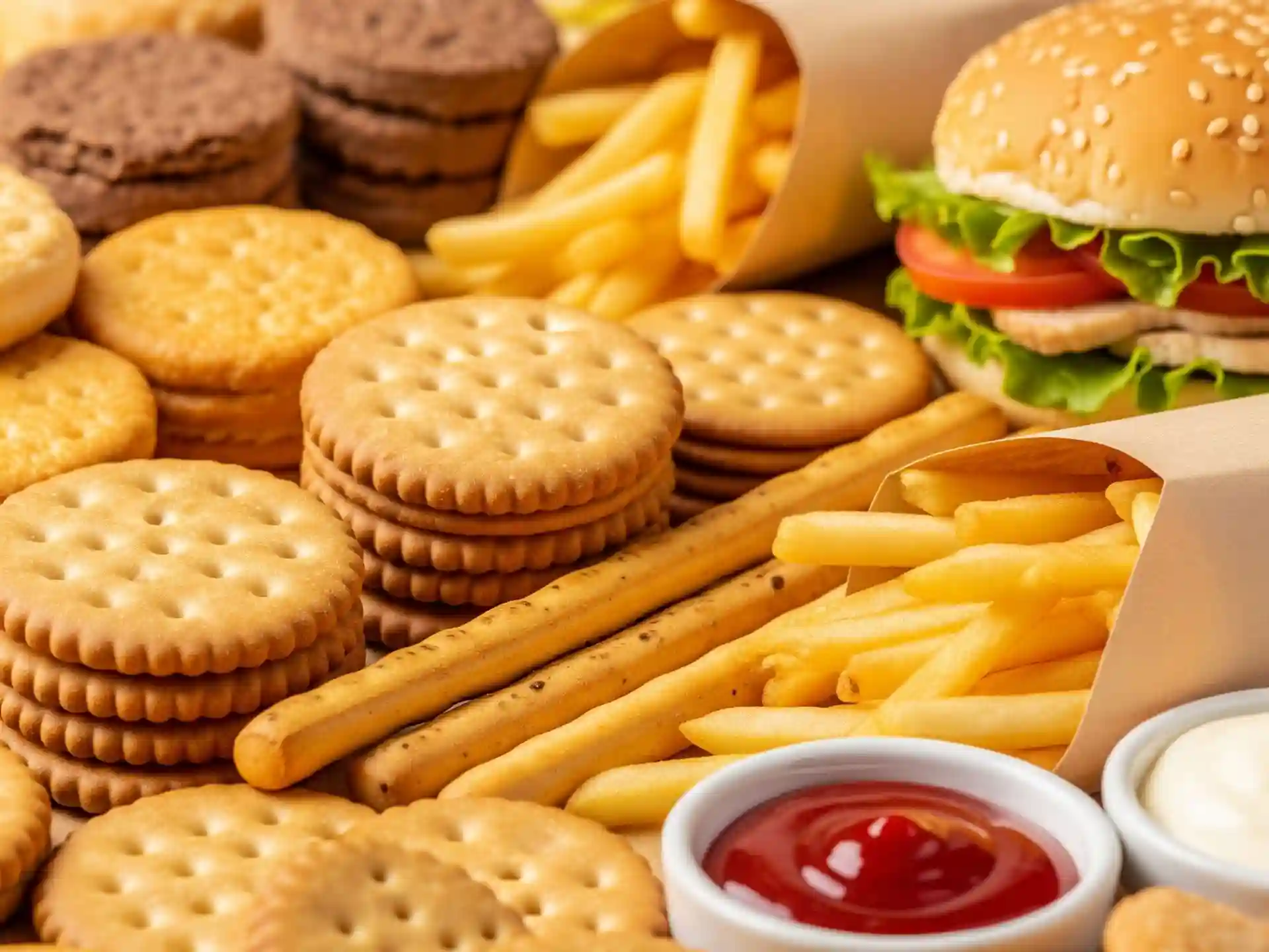 "Esempi di carboidrati raffinati e cibi trasformati: patatine, snack e panini fast food."