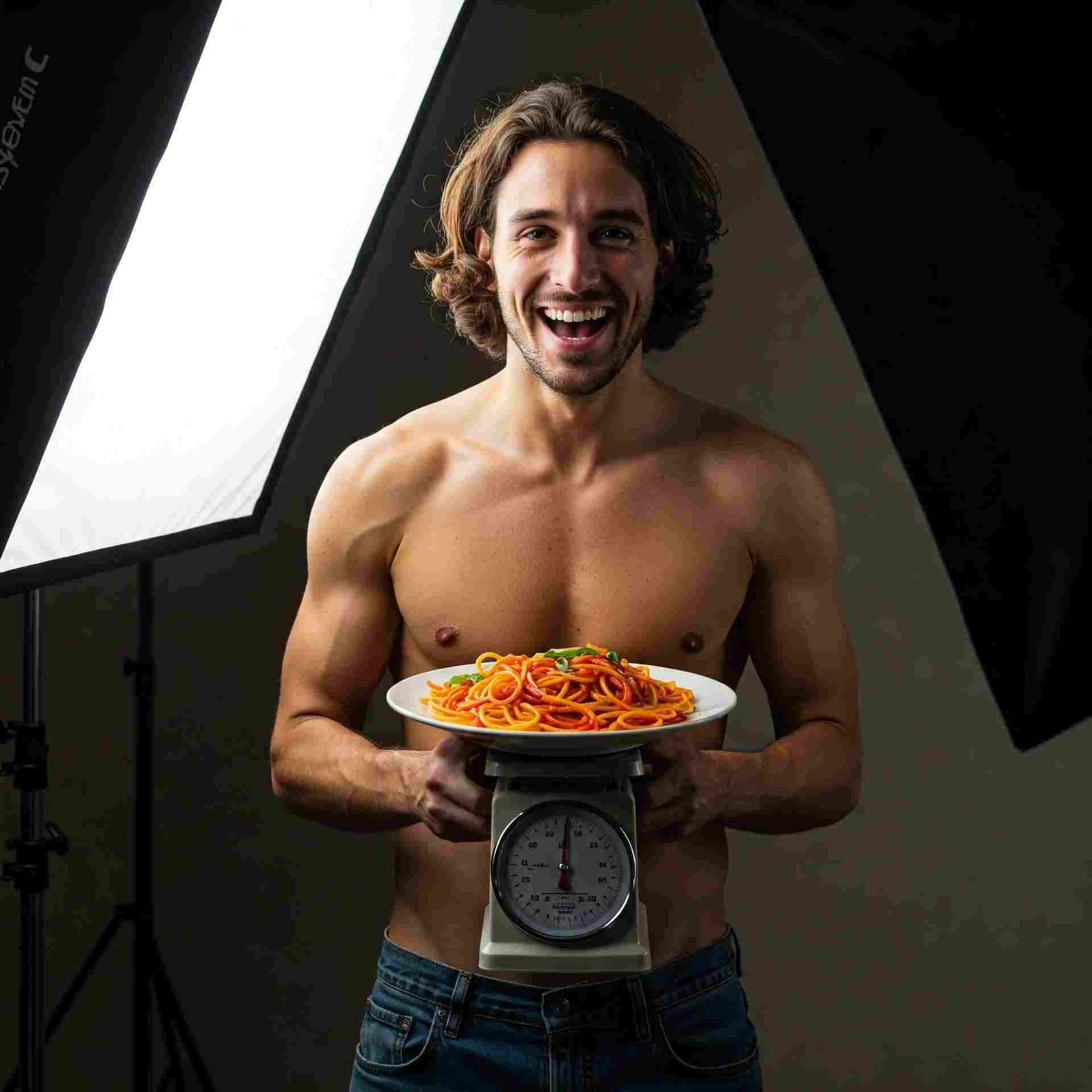 Ragazzo sorridente mostra i risultati della sua perdita di peso: un piatto di pasta su una bilancia, simbolo di una dieta efficace.