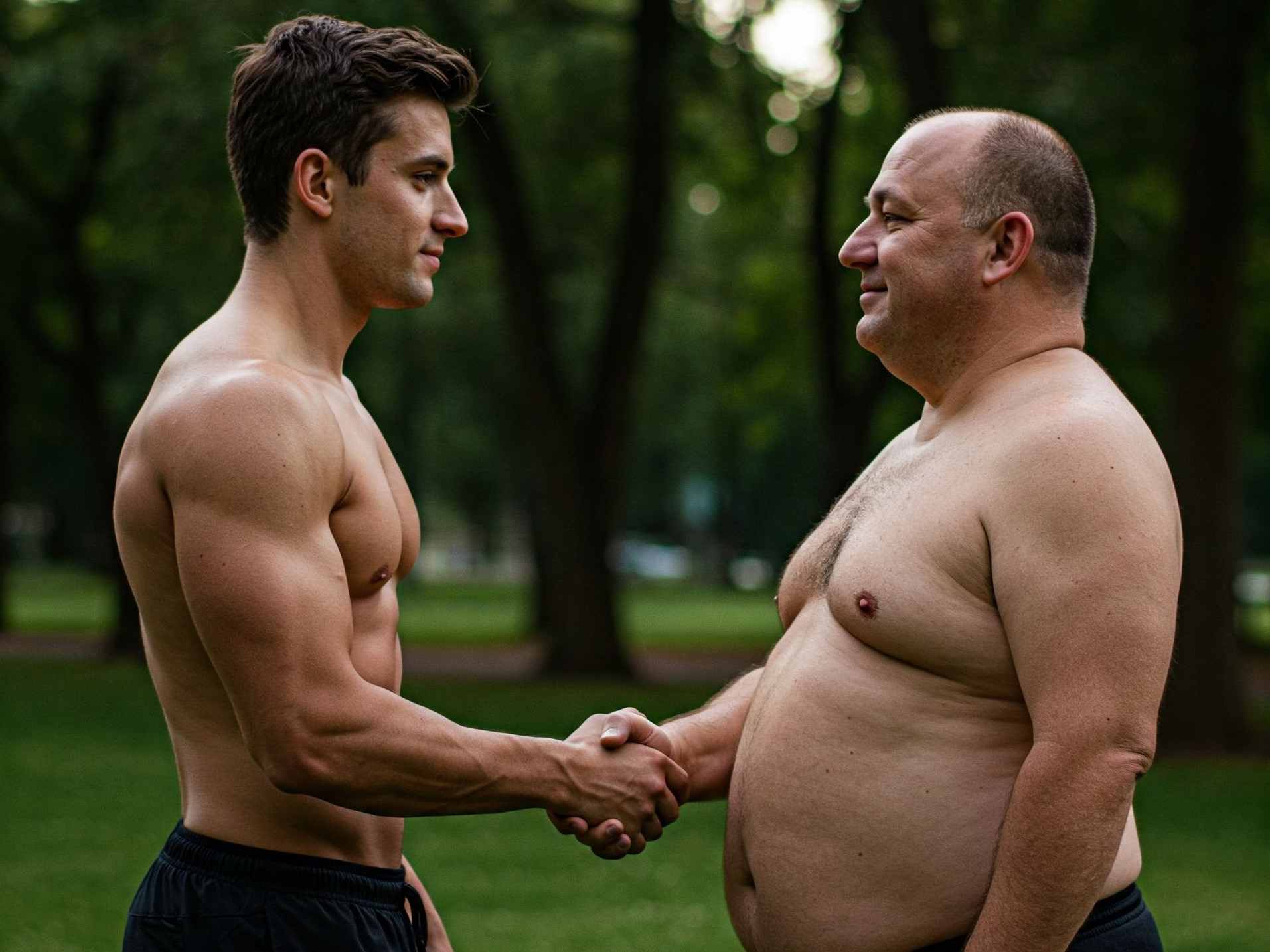 Uomo muscoloso e uomo in sovrappeso si stringono la mano al parco, simbolo di supporto e inizio di un percorso di dimagrimento.