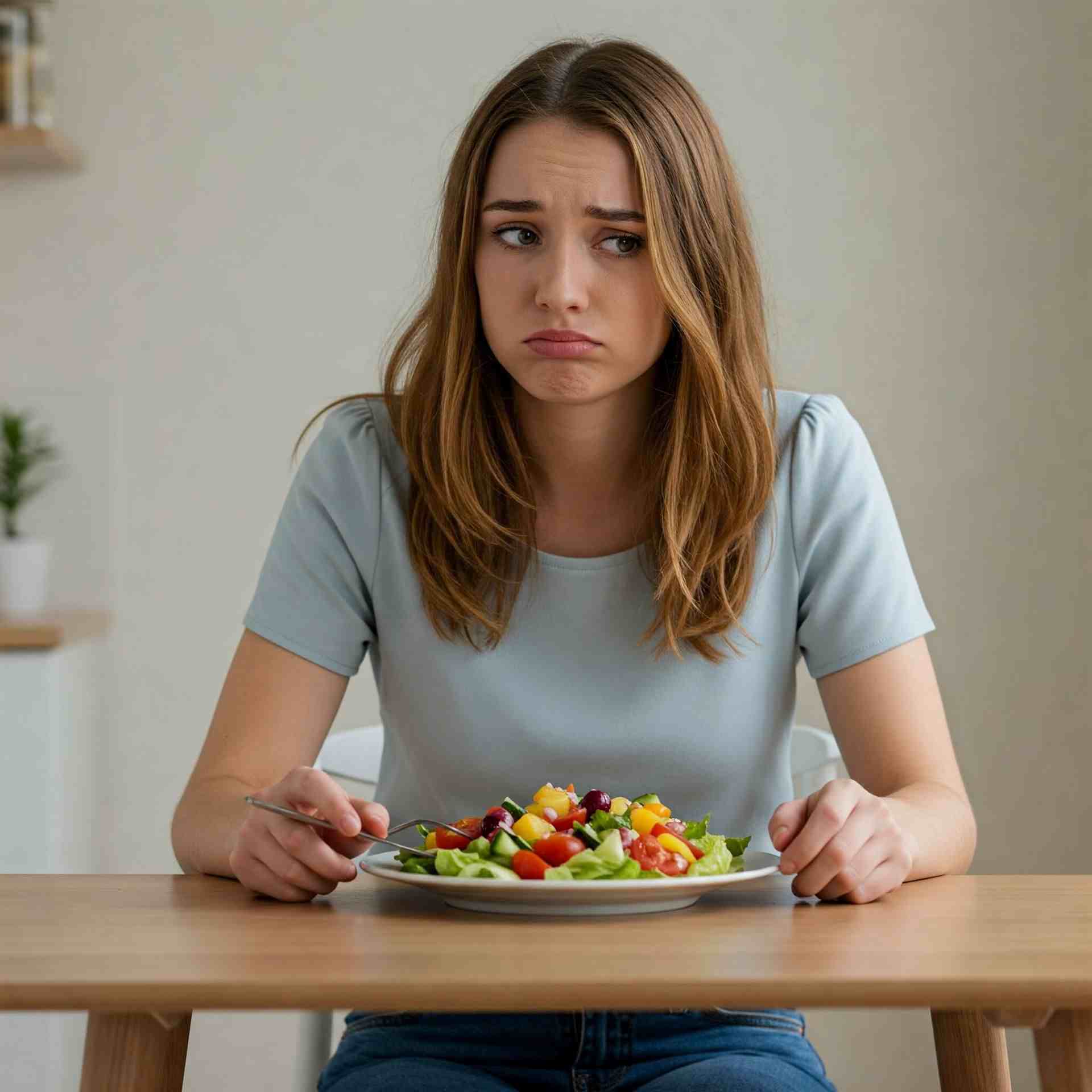 Giovane donna con espressione triste davanti a un'insalata, a simboleggiare la percezione della verdura come un obbligo.