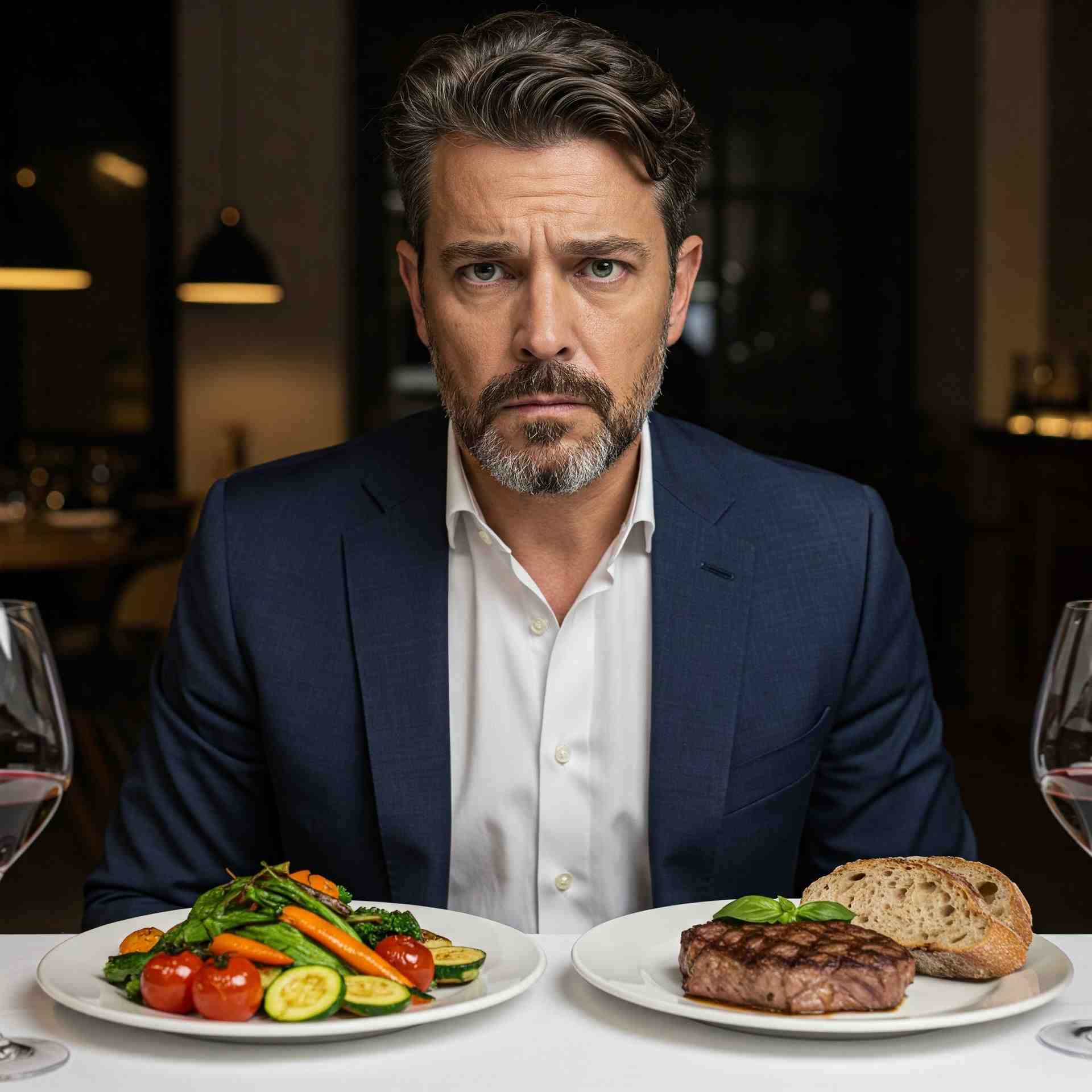 Uomo valuta se mangiare prima il piatto di verdura o quello di carne, riflettendo sull'ordine dei cibi a pasto.