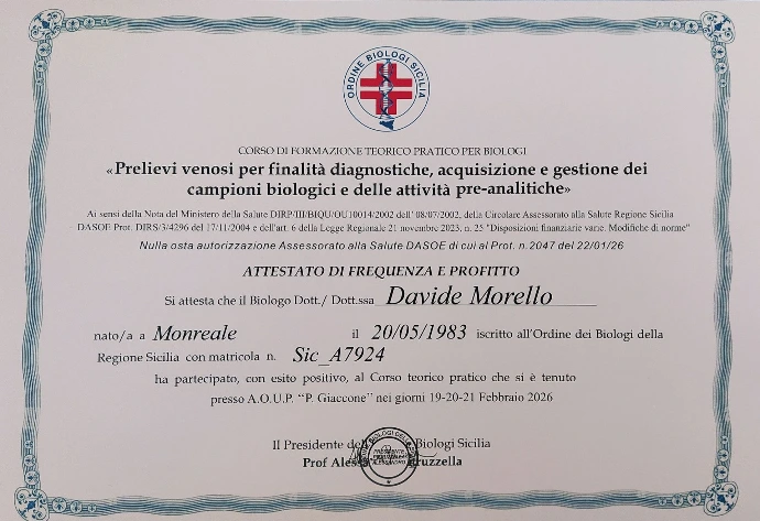 Abilitazione professionale prelievi venosi e capillari Ordine Nazionale Biologi - Dott. Davide Morello Biologo Nutrizionista Palermo - Fase pre-analitica clinica.